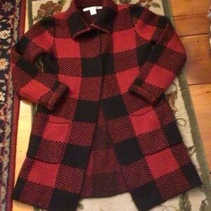 Red & Black Buffalo Check Knit sweater with Front Pockets